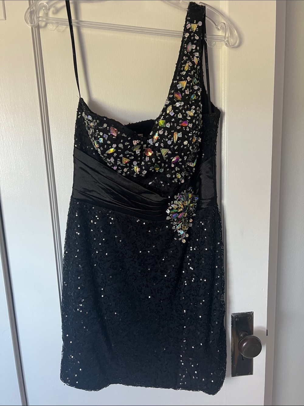 Black One-Shoulder Sequin & Jeweled Cocktail Dress